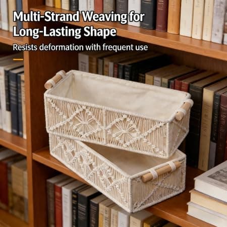 Handcrafted Bohemian Macramé Storage Basket, 13.4"(34cm) L×6.7"(17cm) W×3.9"(10cm) H, Cotton & Solid Wood Handles for Home Organizing, Toiletries, Accessories, Bohemian/Minimalist Decor - Thumbnail 5
