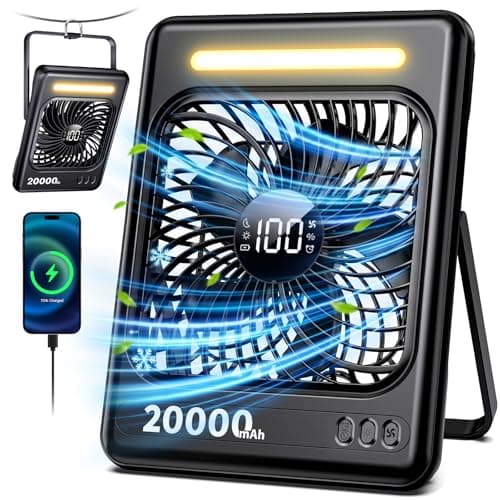 20000mAh Battery Powered Fan, Max 60H Runtime, Ultra-Slim Travel Fan, 5 Speeds Portable Rechargeable Fan with LED Lantern, 2/4/6/8 Timer Personal Camping Fan for Cruise Fishing Ship Tent Office Home - Image 1