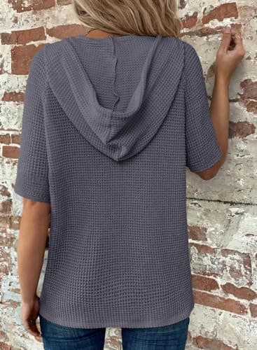 Dokotoo Womens Summer Tops Button Up V Neck Short Sleeve Shirts for Women Drawstring Hoodie Sweatshirts Casual Loose Blouses Lightweight Waffle Knit Fashion Outfits Trendy Clothing Dark Grey X-Large - Thumbnail 2