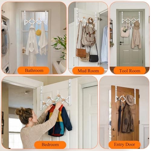 FYY Over The Door Hooks Towel Rack - Collapsible Folding No Drill Door Hanger, Sturdy Metal Expand for Bathroom Dorm Clothes Coat, Quiet, Portable with Protective-Pads(10.3"Wx16.4''L, Fit 1-3/4" Door) - Thumbnail 5