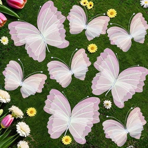 8 Pcs Large & Small Pink Butterfly Decorations, 3D Silk Butterflies Wall Decor with 3 Big 20 Inch & 5 Small 12 Inch Butterflies for Wedding, Baby Shower, Birthday Party, Nursery & Event Decoration - Image 1