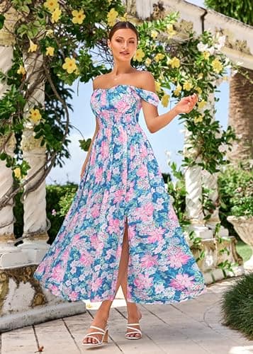 GRACE KARIN Summer Floral Dress for Women 2026,Off the Shoulder Smocked Bridesmaid Dresses,Formal Baby Shower Maxi Dresses Blue Pink M - Thumbnail 4