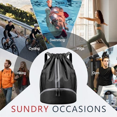 PinCute Drawstring Backpack for Women Men, Gym Bag for Soccer, Basketball, Swim, Beach, Water-Resistant Sports Backpack with Wet Pocket and Shoe Compartment, Black - Thumbnail 5