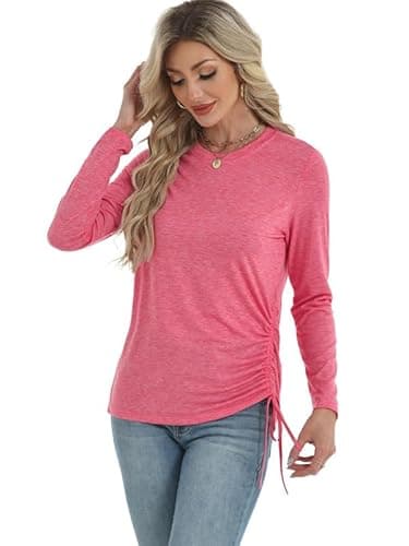 AIZHINENG Womens Long Sleeve Shirts Crewneck Tops Casual Fall Spring Trendy T-Shirts Outfits Clothes 2025 Rose Red - Thumbnail 4