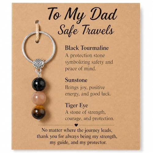 Fathers Day Gift for Dad from Daughter Son, To My Dad Safe Travels Keychain Gift, Natural Stone Stainless Steel Drive Safe Keychain for Him, Dad Birthday Gifts for Keys Bags Backpacks - Image 1