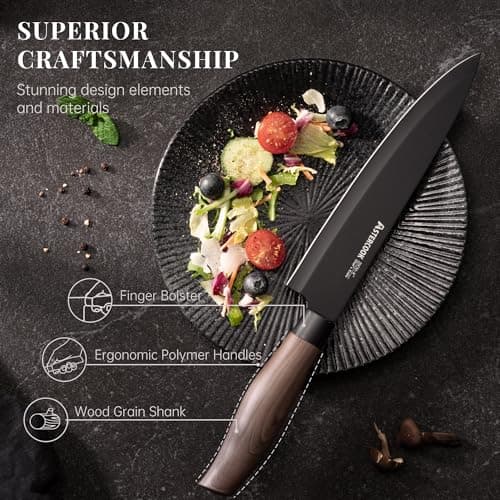 Astercook Knife Set, 6-Piece Kitchen Knife Set with Block, High Carbon Stainless Steel Ultra Sharp Kitchen Knives, Wood Grain Handle, Dishwasher Safe Knife Block Set, Black - Thumbnail 5