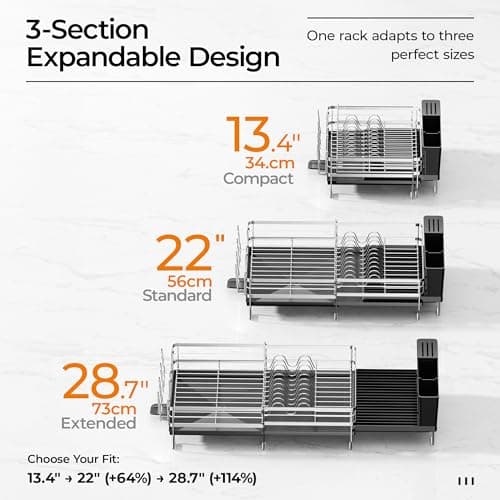 Delamu Stainless Steel Dish Drying Rack, Expandable Dish Drainer, Anti-Rust Large Dish Racks for Kitchen Counter, Dish Strainers with Drainboard, Utensil Holder & Cup Holder, 13.4"-28.7" L x 11.8" W - Thumbnail 6