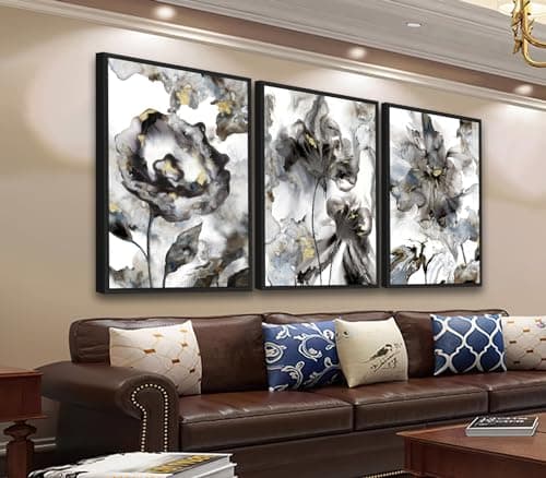 ASDCEUTICALS Large Canvas Wall Art - Framed Floral Abstract Wall Decor Black and White Paintings Aesthetic Wall Pictures Artwork for Living Room Bedroom Office Bathroom 16" X 24" X 3 Panels - Image 1