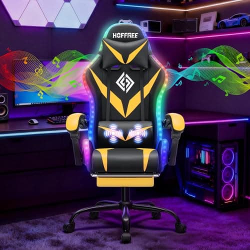 HOFFREE Gaming Chair Massage with Bluetooth Speakers and Led Lights Ergonomic Computer Gaming Chairs with Footrest RGB Video Game Chair with High Back Lumbar Support Yellow and Black