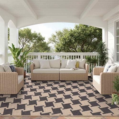 Latte&Fog Modern Checkered Easy Jute 5x7 Area Rugs, Washable Outdoor Patio Rug for Living Room, Black and Brown Contemporary Non Slip Natural Indoor Carpet for Bedroom Backyard Office Dining Room - Image 1