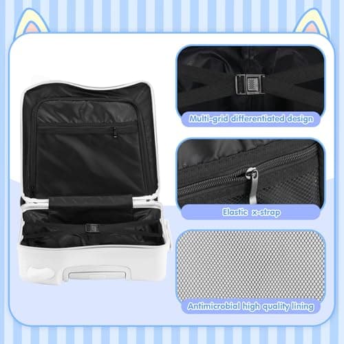 smilesun 20" Ride-On Travel Suitcase for Kids, Cute Ear Toddler Carry on Luggage with Spinner Wheels, Children Rolling Trolly Luggage with Combination Lock (Matte White with Rope) - Thumbnail 6