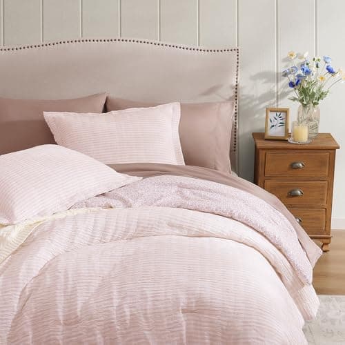 BLOOMHAVEN King Comforter Set - 7 Pieces Pink Bedding Sets for All Seasons, Lightweight Breathable Bed in a Bag King with Revesible Farmhouse Comforter, Sheets, Pillowcases & Shams - Thumbnail 4