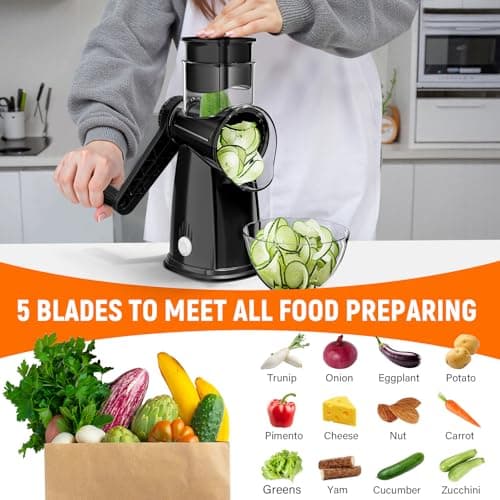 Rotary Cheese Grater Hand Crank with 5 Interchangeable Blades, Vegetable Chopper Spiralizer Slicer for Fruit Vegetable Nuts, Mandoline Slicer for Kitchen with Blades Rack & Suction Base, Black - Thumbnail 3