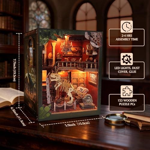 Soothee DIY Book Nook Kit with LED Lights (Dinosaur Museum) - 3D Puzzles for Adults & Teens, Miniatures and Model Building Kits for Bookshelf Decor, Relaxing Craft & Unique Gift for Craft Lovers - Thumbnail 3