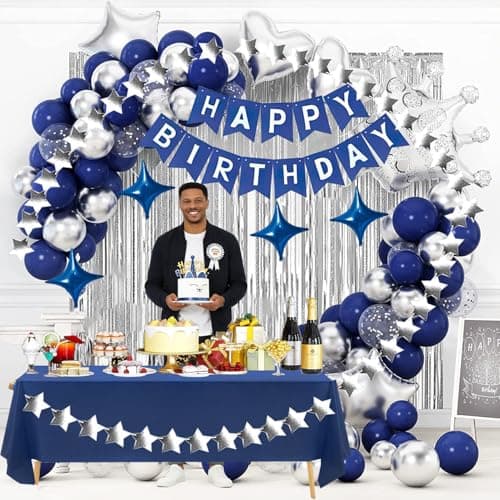 Navy Blue Birthday Party Decorations Set – Blue Theme Supplies with Banner, Star Garland, Crown, Heart & Star Foil Balloons, Fringe Curtain, Cake Topper, Tablecloth, Confetti Balloons for Men & Women - Thumbnail 2