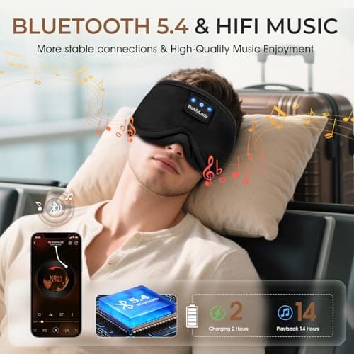 BeMyLady Sleep mask Headphones,100% Blackout 3D Zero Eye Pressure Bluetooth Sleep mask Breathable Eye mask with Bluetooth Headphones Sleep Headphones for Side Sleepers 14H Playtime&Bluetooth 5.4 Black - Thumbnail 5