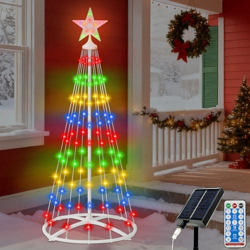 IDEAALS 4FT 118LED Outdoor Solar Christmas Cone Tree Lights, 8 Modes Timer Remote RGB Christmas Tree Lights with Star Topper for Xmas Yard Porch Patio Holiday Decor - Image 1