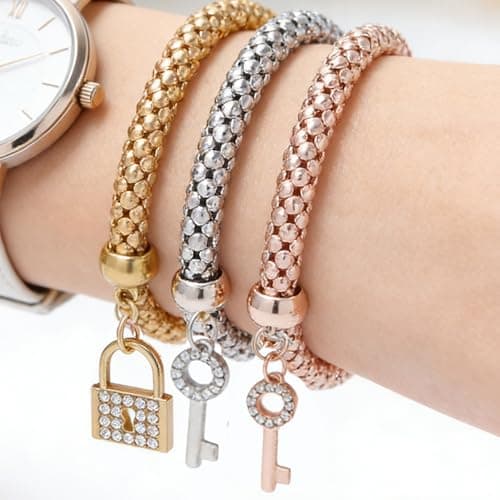 Alegend Three-Color Multi-Layer Beaded 14K Bracelet Set - Crystal Lock & Key Charms Bracelet Set - Thumbnail 2