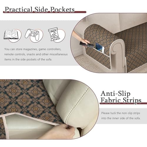 ALIECOM L Shaped Couch Cover for Sectional Sofa Waterproof Sofa Slipcover Non Slip Corner Couch Covers for Dogs Cats (Large, Floral Beige & Navy) - Thumbnail 4