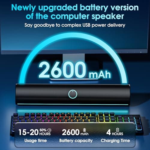 KASOHQEE Computer Speakers for Desktop PC,Computer Sound bar,2600mAh PC Soundbar,Bass Boost,HiFi Stereo Bluetooth Desktop Speakers with Touch Buttons for Laptops,Phone,Great for Gamers,Families - Thumbnail 5