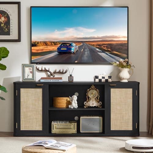 LEYAOYAO Rattan TV Stands for Living Room, Boho Entertainment Center with Storage and Open Shelf, Wood Media Console for 50-65 Inch TV, Black - Thumbnail 4
