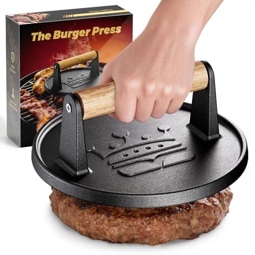 Basinel Smash Burger Press 6.5”, Cast Iron Flat Round Edge Grill/Bacon/Meat/Hamburger/Chef Press with Wood Handle, 1.74lb Hamburger Press Patty Maker, Nonstick Burger Smasher for Blackstone Griddle - Image 1