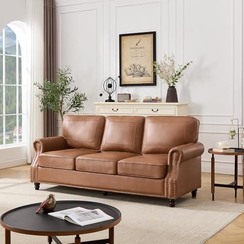 Kingfun Mid-Century Modern Couch, Faux Leather Sofa, 3 Seater Couch for Living Room with Rolled arms & Nailhead Trim, Brown - Image 1