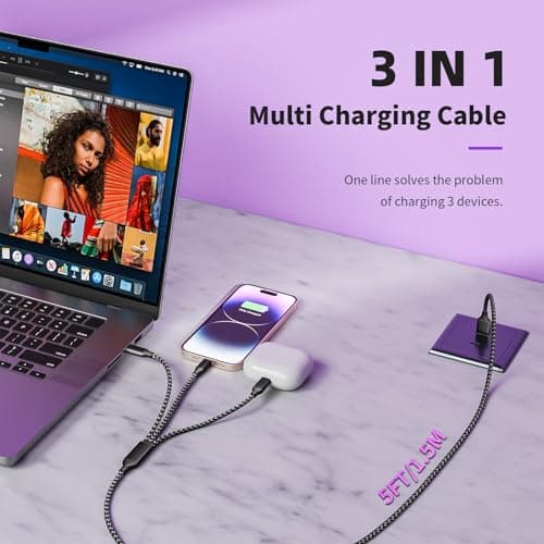 MPATIBY Multi Charging Cable,Dual Type-C Multiple Charger Cable,Nylon Braided 3 in 1 Multi USB Cable Charging Cord with IP/Type C Ports for Cell Phones/iPhone/Tablets/Galaxy & More-1Pack 5Ft - Thumbnail 3