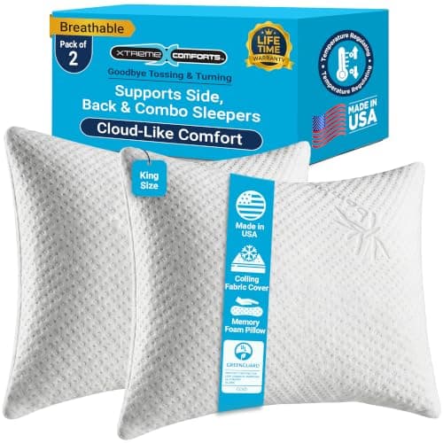 Xtreme Comforts Memory Foam Pillows | GREENGUARD Certified Shredded Foam Fill for Personalized Support | Slim Cooling King Bed Pillows for Side, Back & Stomach Sleepers | Pillows King Size
