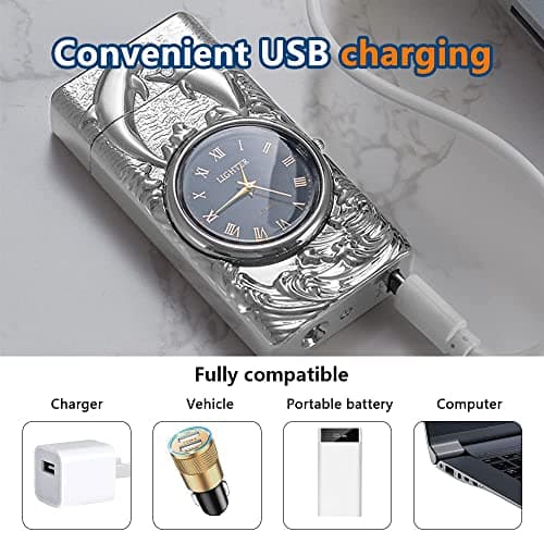 GADATOP Electric Lighters Rechargeable Cool Lighters Vintage Design Plasma Lighter with 3D Dolphin Clock LED Light for Camping Giving (Silver) - Thumbnail 5