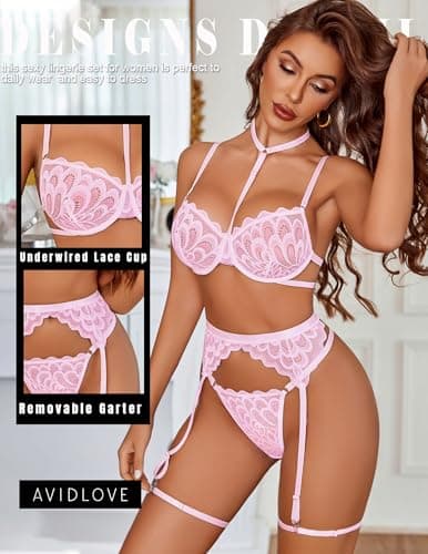 Avidlove Sexy Lingerie Set Choker Floral Lace Sheer Underwire Push Up Garter Belt 3 Piece Bralette And Panty Sets Pink - Thumbnail 2