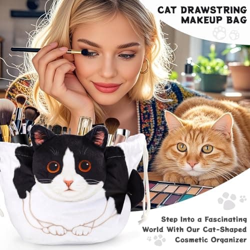 Openhahaha Drawstring Makeup Bag, Cat Makeup Bag, Travel Makeup Organizer, Cosmetic Pouch Bag, Cat Gift for Women, Lay Flat Makeup Bag Gifts for Cat Lovers - Thumbnail 2