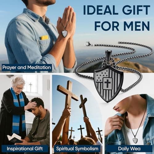 Christian Cross Bible Verse Necklace for Men - Shield American Flag Stainless Steel Chain Black Necklaces Religious Christian Catholic Jewelry Gifts for Men - Thumbnail 6