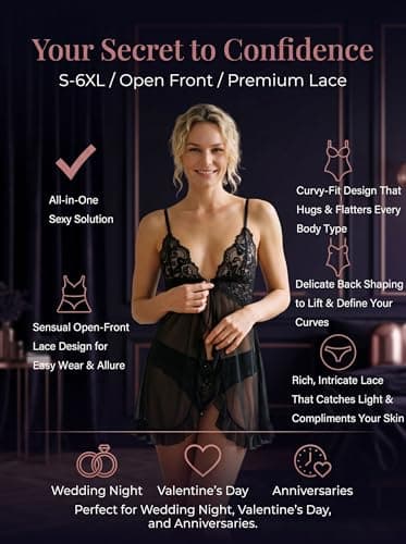 AOOXOOA Women's Babydoll Lingerie Set with G-String, Black, XL - Thumbnail 6