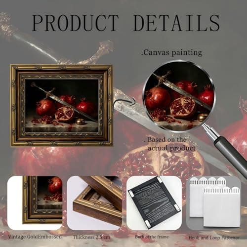 Gold Framed Wall Art, Dark Academia Pomegranate Canvas Prints - Vintage Gothic Kitchen Still Life Pictures, Moody Sword and Fruit Decor Gallery Artwork for Living Room, Bedroom 12x16 inch - Thumbnail 2