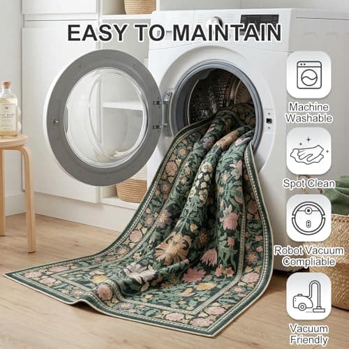 Cnythlis 9'x12' Washable Non-Slip Extra Large Living Room Rug, Vintage Floral 0.26" Low Pile Faux Wool Soft Carpet, Water Resistant for Big Dining Room Bedroom, Charcoal Green - Thumbnail 5