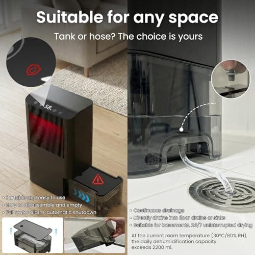 Dehumidifier, Dehumidifier for Basement with Drain Hose/Humidity Display/85 OZ Water Tank/Auto Shut Off/Washable Filter/7-Color Lights, Home Dehumidifier for Bathroom, Bedroom, Closet, RV - Thumbnail 6