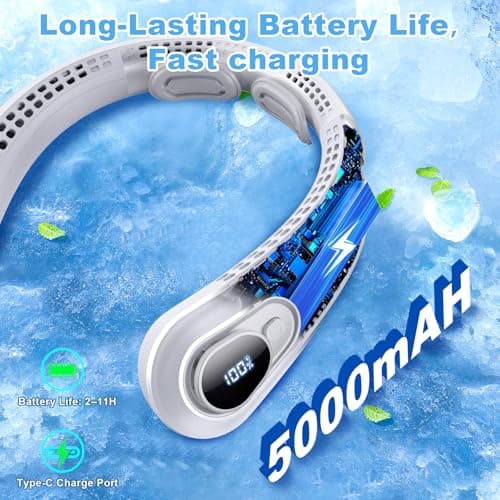 FYALLASO Portable Neck Fan Rechargeable - [with LED Display] 5 Speeds, 5000mAh Battery Operated Wearable Personal Cooling Bladeless Fan for Outdoor Travel, Gifts for Men Women Kids,Gray - Thumbnail 5