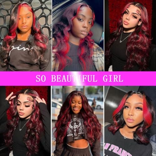Red Burgundy Highlight Wigs Human Hair Ombre Skunk Strip Body Wave Red And Black 9x6 Glueless Lace Closure Colored Wig Human Hair 9x6 HD Lace Frontal Wigs 200 Density Pre Plucked For Women 28 Inch - Thumbnail 6