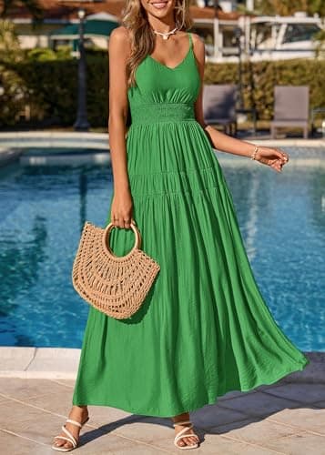 KIRUNDO Maxi Dresses for Women 2026 Summer Sleeveless Spaghetti Strap Long Flowy Beach Vacation Dress Boho A Line Sundress Green - Thumbnail 6