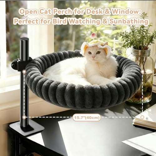 Dogpals 360° Rotating Cat Bed for Desk, Height Adjustable Cat Perch with Semi-Enclosed Design & Removable Cushion, No-Drill Clamp fits up to 1.18" Desk, Supports 9lbs for Office, Gaming Table, Grey - Thumbnail 3