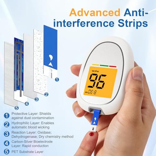 Blood Glucose Monitor Kit, Blood Sugar Testing kit with 50 Blood Sugar Test Strips, 50 Lancets, 1 Blood Glucose Meter, 1 Lancing Device, No Coding Required, Meter Glucometer Kit for Diabetes Testing for Home/Travel Use - Thumbnail 6