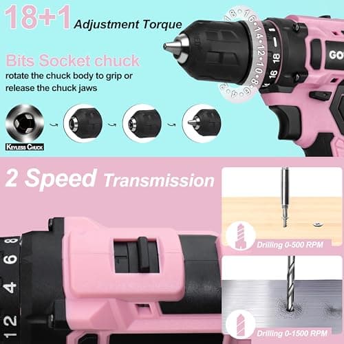 Cordless Drill Set, 293-Piece Household Tool Kit with 20V Electric Drill, Power Drill Sets Repairing Kit, Electric Screwdriver Driver Tool Kit for Home Maintenance, DIY and Crafts(Pink 2026) - Thumbnail 4