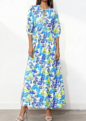 KIRUNDO Women Summer Beach Vacation Wedding Guest Dresses 2026 Spring Boho Floral 3/4 Sleeve Loose Cruise Flowy Maxi Dress(Blue Green, Large) - Thumbnail 4