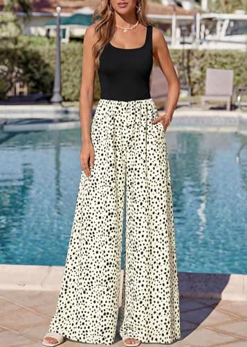KIRUNDO Jumpsuits for Women Dressy 2026 Summer One Piece Sleeveless Boho Floral Wide Leg Romper Beach Vacation Cruise Outfits(Dot White Black, XX-Large) - Thumbnail 2