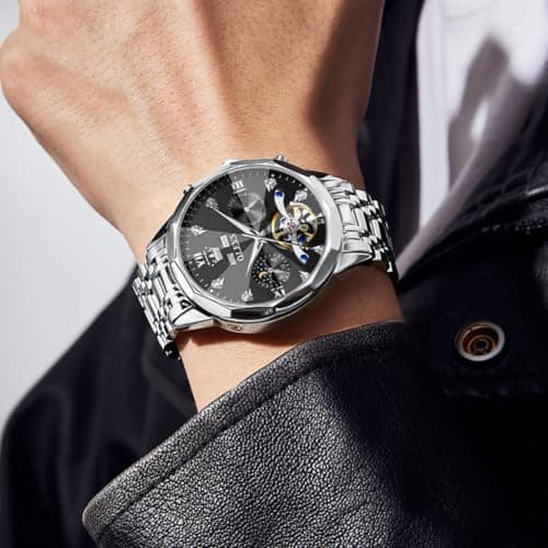 OLEVS Mens Watches Black Automatic Waterproof Watch for Men Luxury Dress Silver Stainless Steel Self Winding Men's Wrist Watches Mechanical Fashion Big Face Diamond Mens Watch Relojes para Hombres - Thumbnail 3