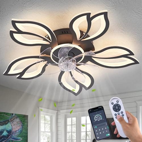 Dalouguan Ceiling Fan with Lights Remote Control, 26" Black Low Profile Ceiling Fan with Light, Modern Leaf Geometric Flush Mount Ceiling Fan for Kitchen Bedroom