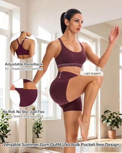 leviace 4-Piece Workout Sets for Women - with Butt Lifting Shorts & Leggings, 2 Seamless Ribbed Sports Bras, Gym Outfits Matching Athletic Set Padded Bra for Yoga Pilates Fitness Clothing,Wine Red,XL - Thumbnail 4