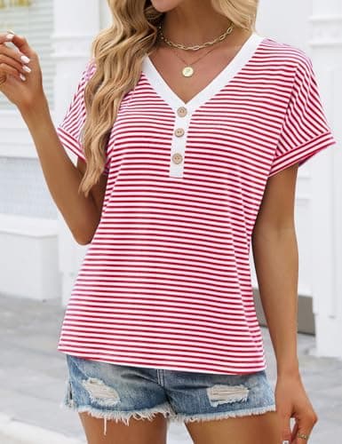 Womens Summer Tops Striped Henley Shirts Dolman Short Sleeve Tops Dressy Casual V Neck Trendy T-Shirt Loose Fit Comfy Button Blouses (Red, XX-Large) - Thumbnail 4