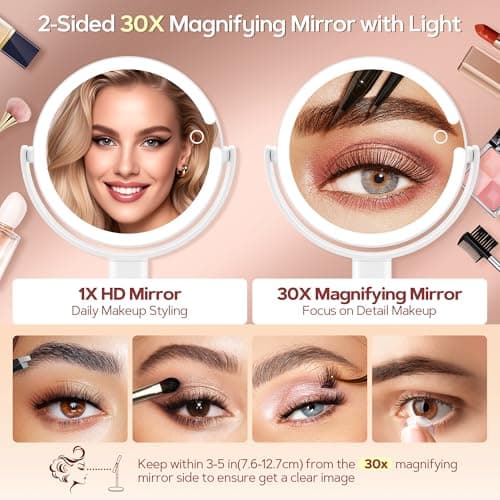 B Beauty Planet Vanity Mirror with Lights, 30X Magnifying Makeup Mirror with 3 Lighting and Adjustable Brightness, Rechargeable 2-Sided Height Adjustable Desk Mirror for Bathroom, Women Gifts for Mom - Thumbnail 3